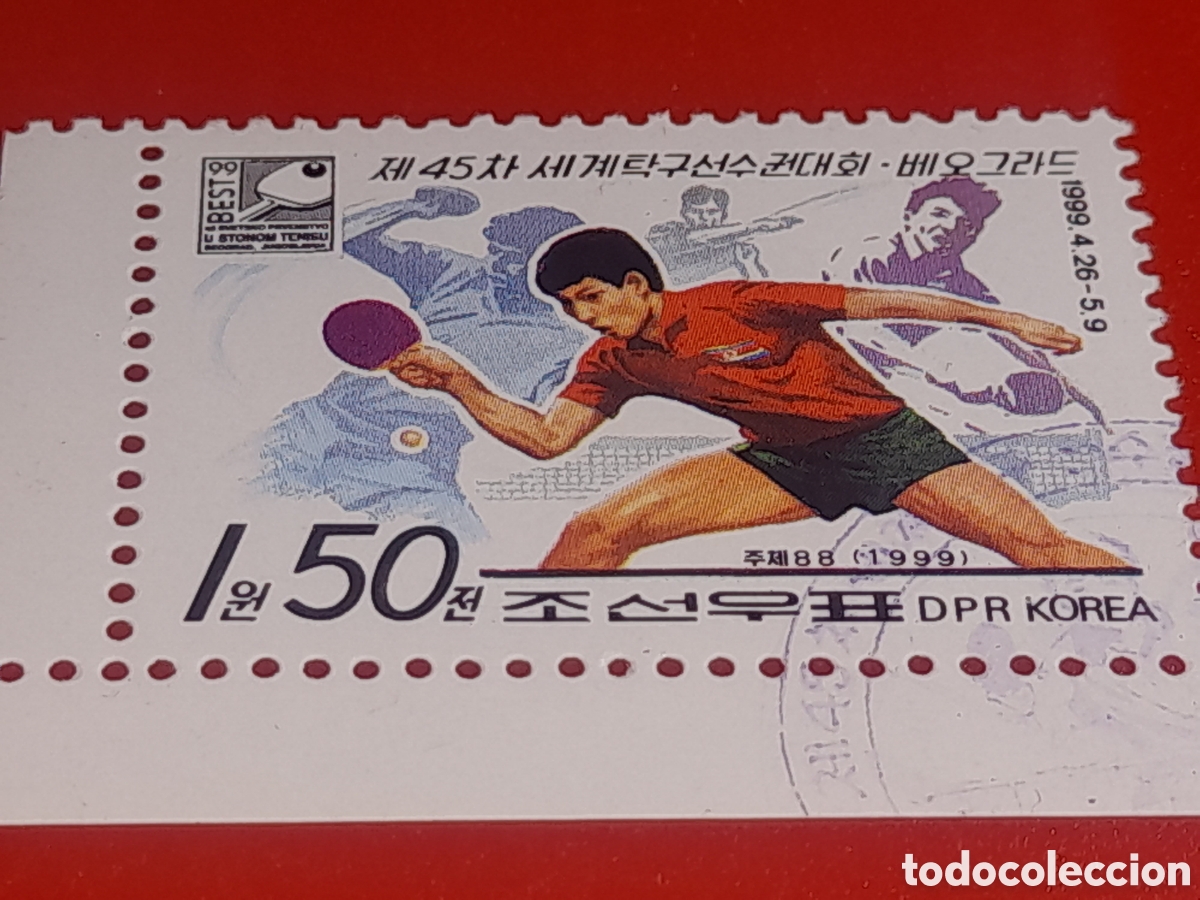 Sellos: Sello Corea Norte mtdo 1999. Campeonato mundial tenis mesa. Pinpon. Deporte. Atletas. Juego. Copa