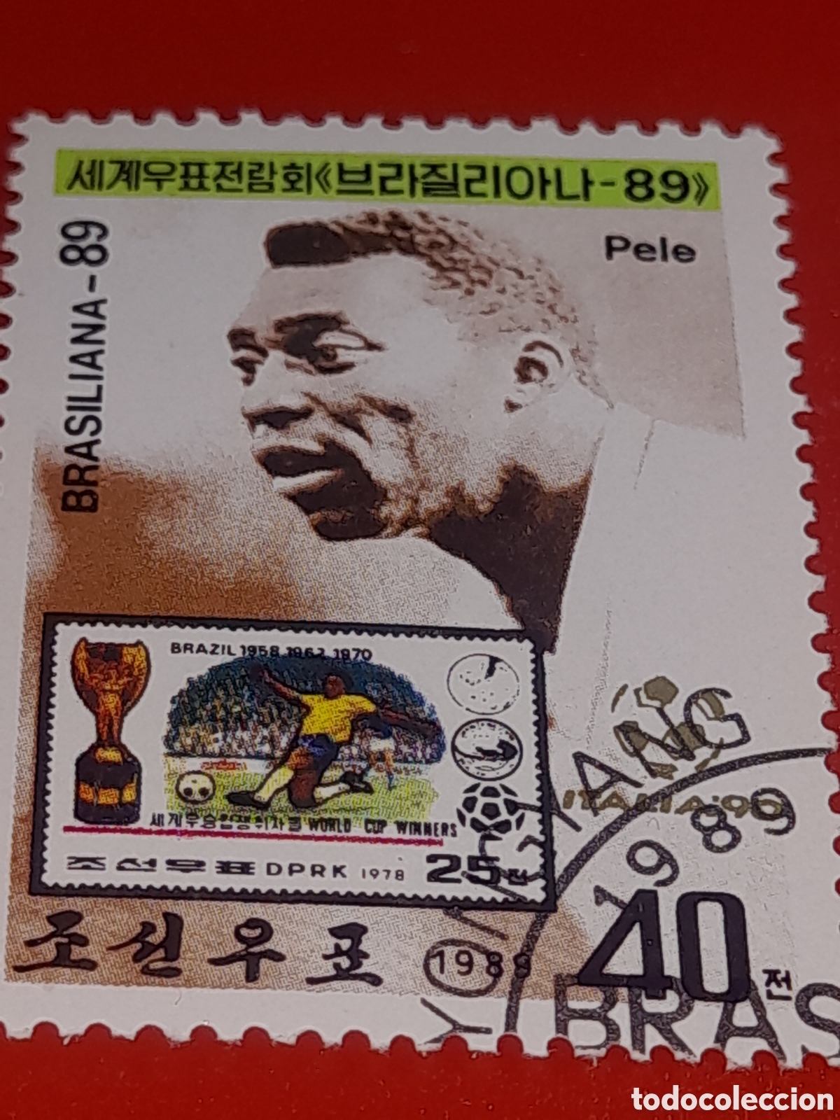 Sellos: Sello Corea Norte mtdo 1989. Exp Filt Inter. Brasilia,89. Pel&eacute;. F&uacute;tbol deporte. Campe&oacute;n.