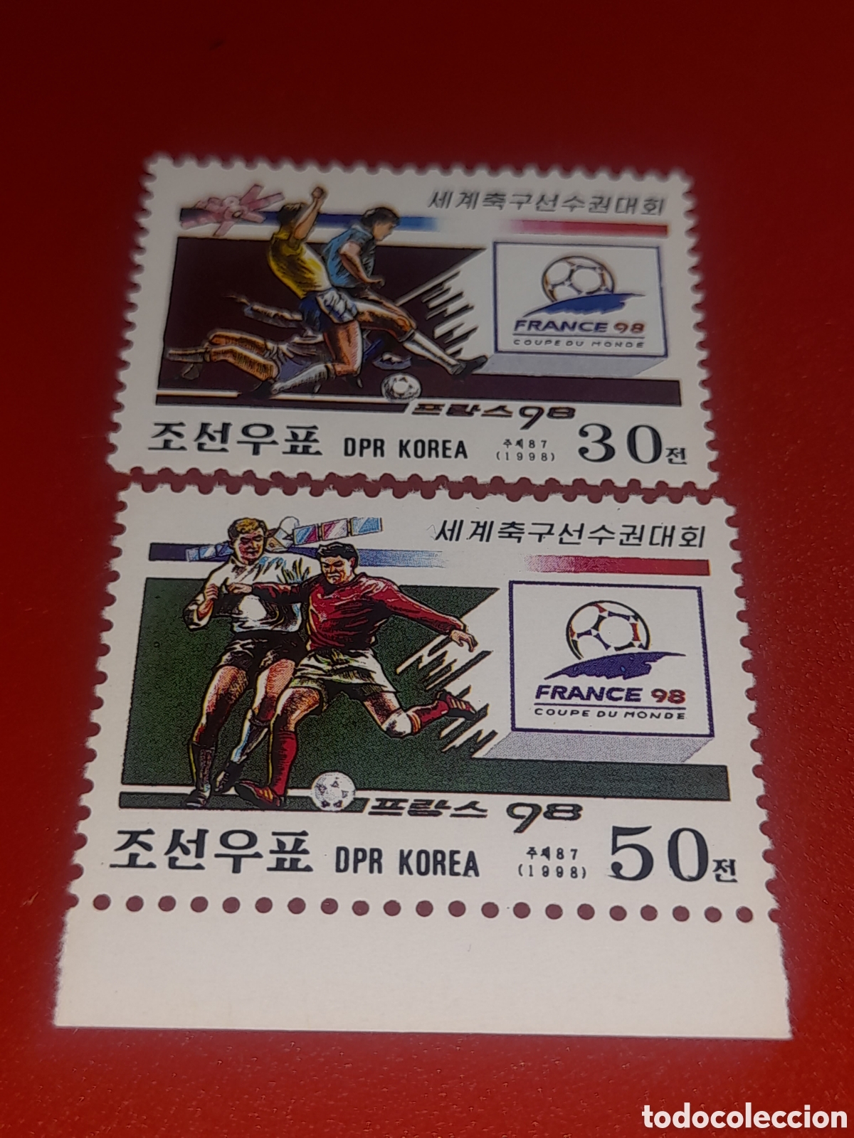 Sellos: Sello Corea Norte mtdo 1998. Campeonato mundial f&uacute;tbol. Francia. Deporte. Atletas. Balon.