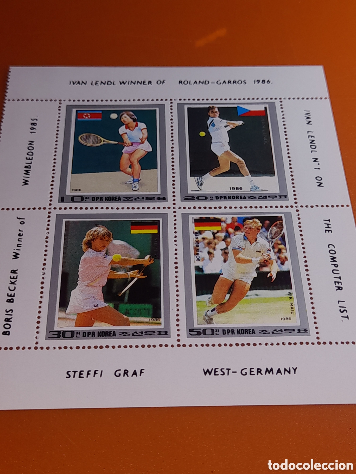 Sellos: HB Corea Norte nuevo 1986. Jugadores tenis. Deporte. Juego. Steffi Graf. Becker. Banderas.