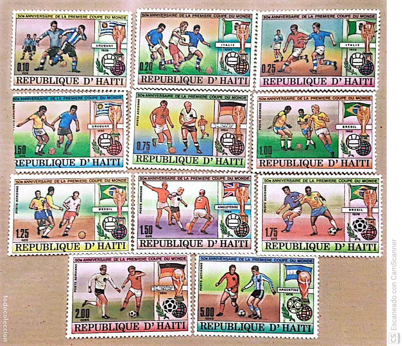 Sellos: Hait&iacute;. 780/82 + A 602/09 Aniversario de la primera copa mundial de f&uacute;tbol. Retrosp&eacute;ctiva de los ven