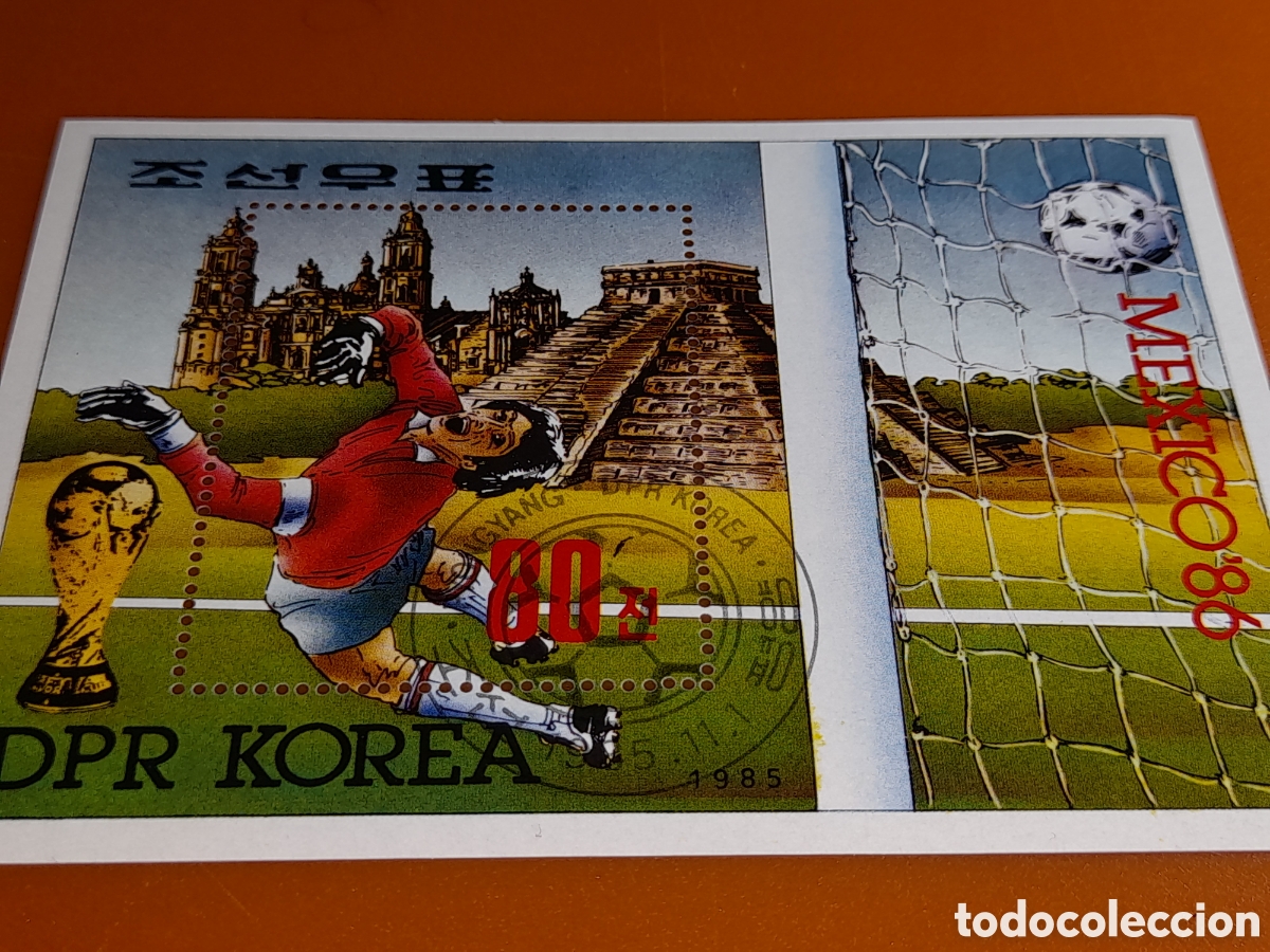 Sellos: HB Corea Norte mtdo 1985. Campeonato mundial f&uacute;tbol,. M&eacute;xico,86. Deporte. Arqueologia. Atletas. Pira