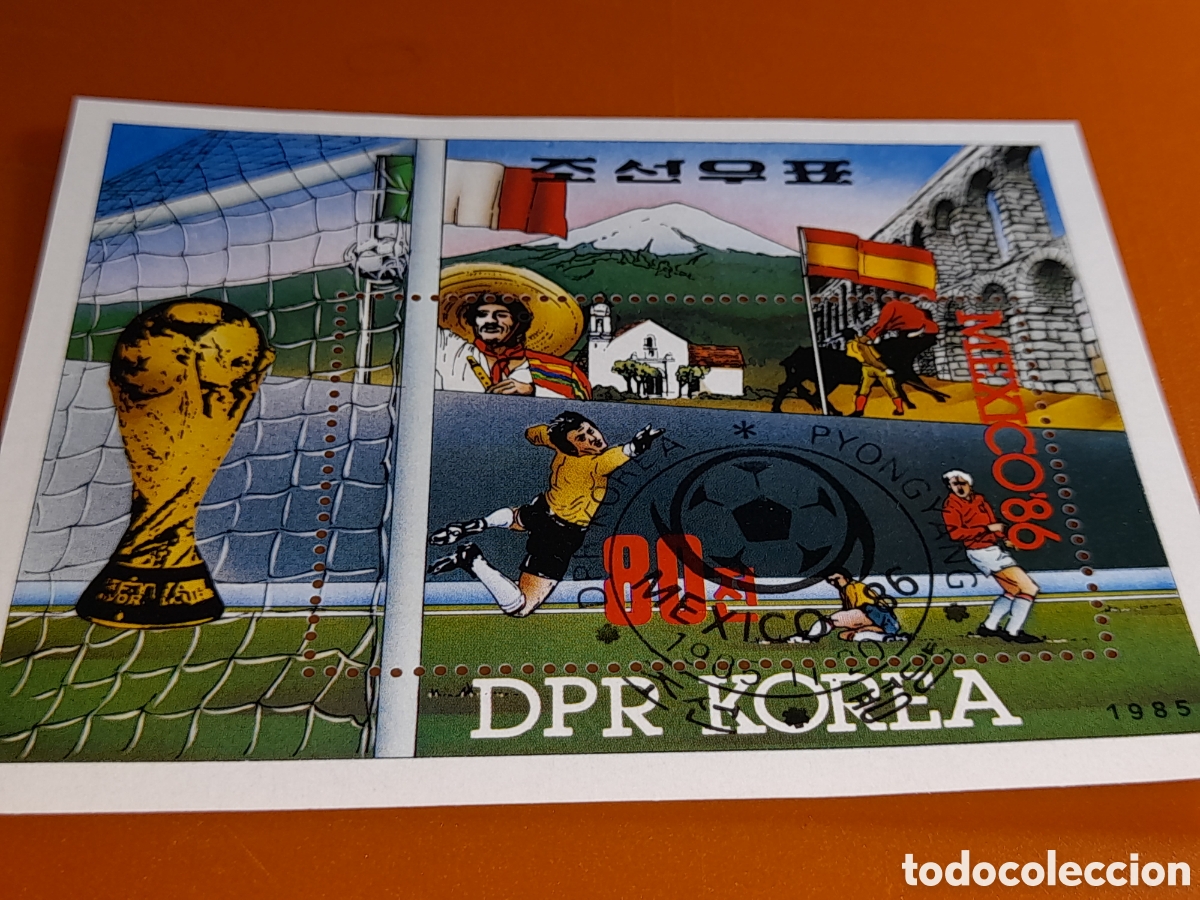 Sellos: HB Corea Norte mtdo 1985. Campeonato mundial f&uacute;tbol,. M&eacute;xico,86. Deporte. Bandera. Naturaleza. Acued