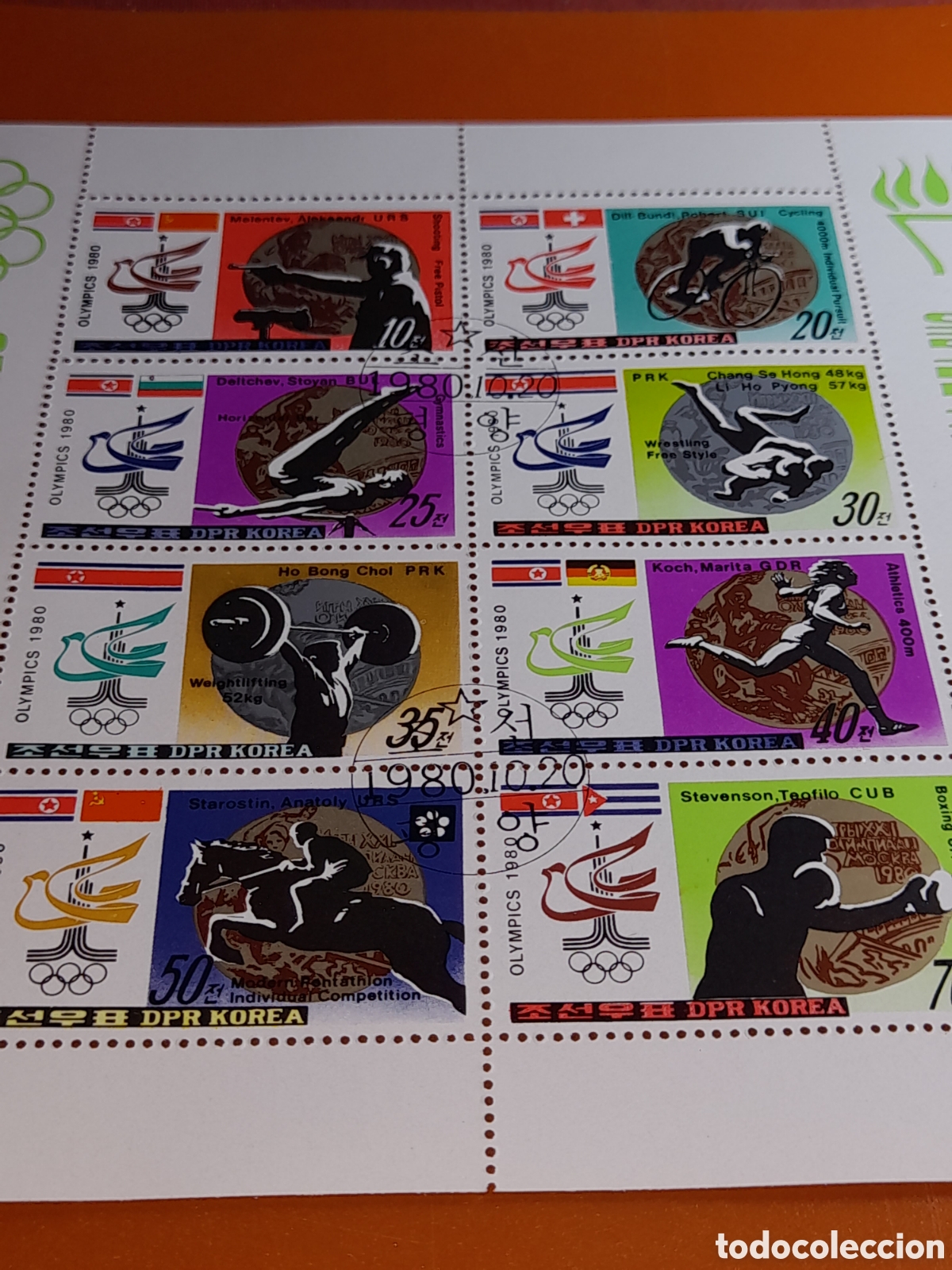 Sellos: HB Corea Norte mtdo 1980. Juegos olimpiada Mosc&uacute;. Medallistas. Ciclismo. Tiro. Boxeo. Lucha. Haltero