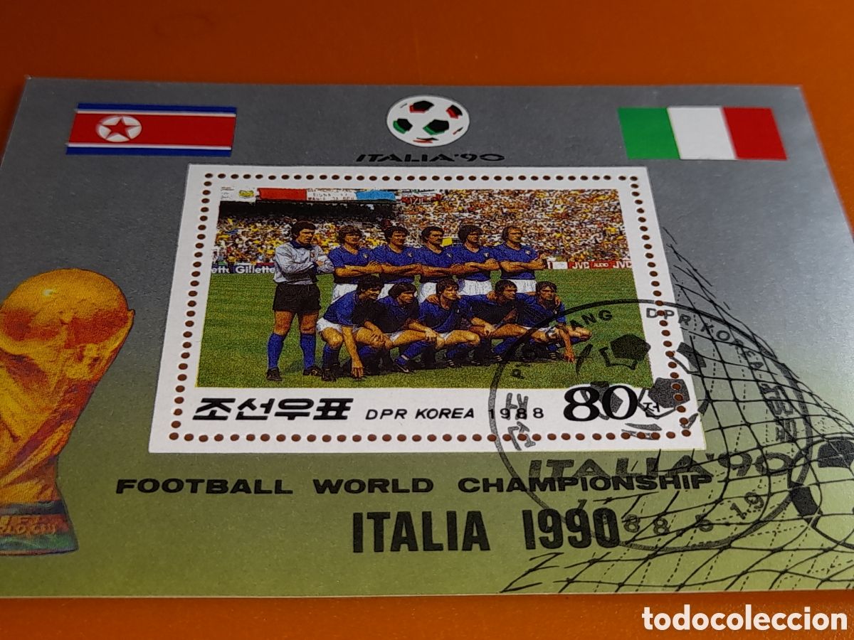 Sellos: HB Corea Norte mtdo 1988. Campeonato mundial f&uacute;tbol. Italia,90. Deporte. Atletas. Banderas. Copa