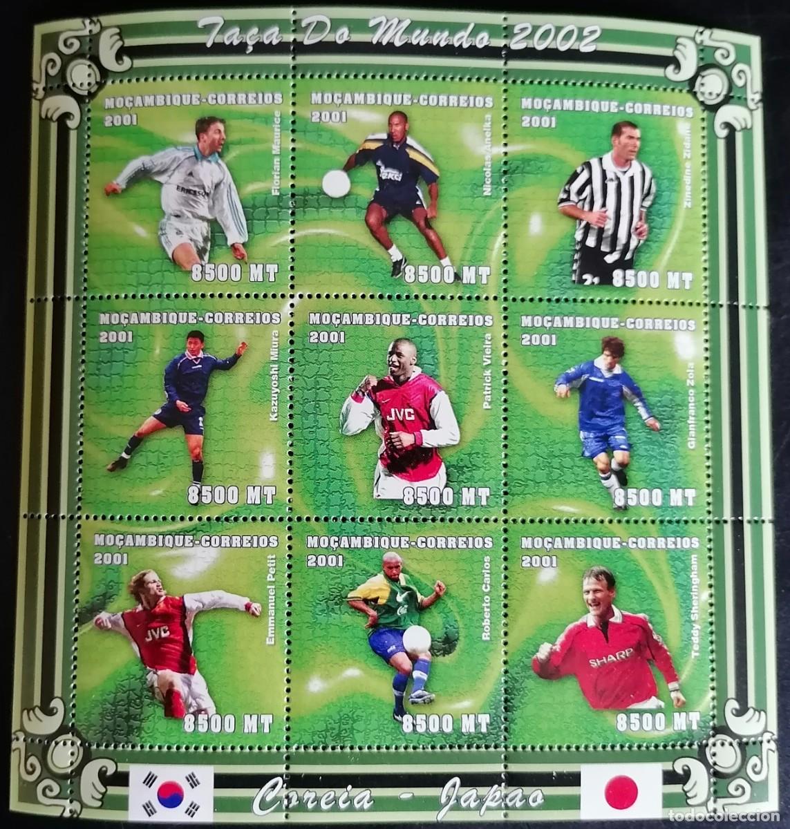 Sellos: MOZAMBIQUE 2001 - HB MUNDIAL DE F&Uacute;TBOL 2002 .