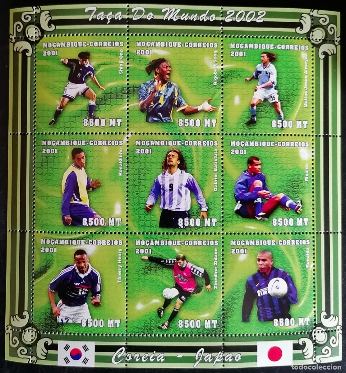Sellos: MOZAMBIQUE 2001 - HB MUNDIAL DE F&Uacute;TBOL 2002 .