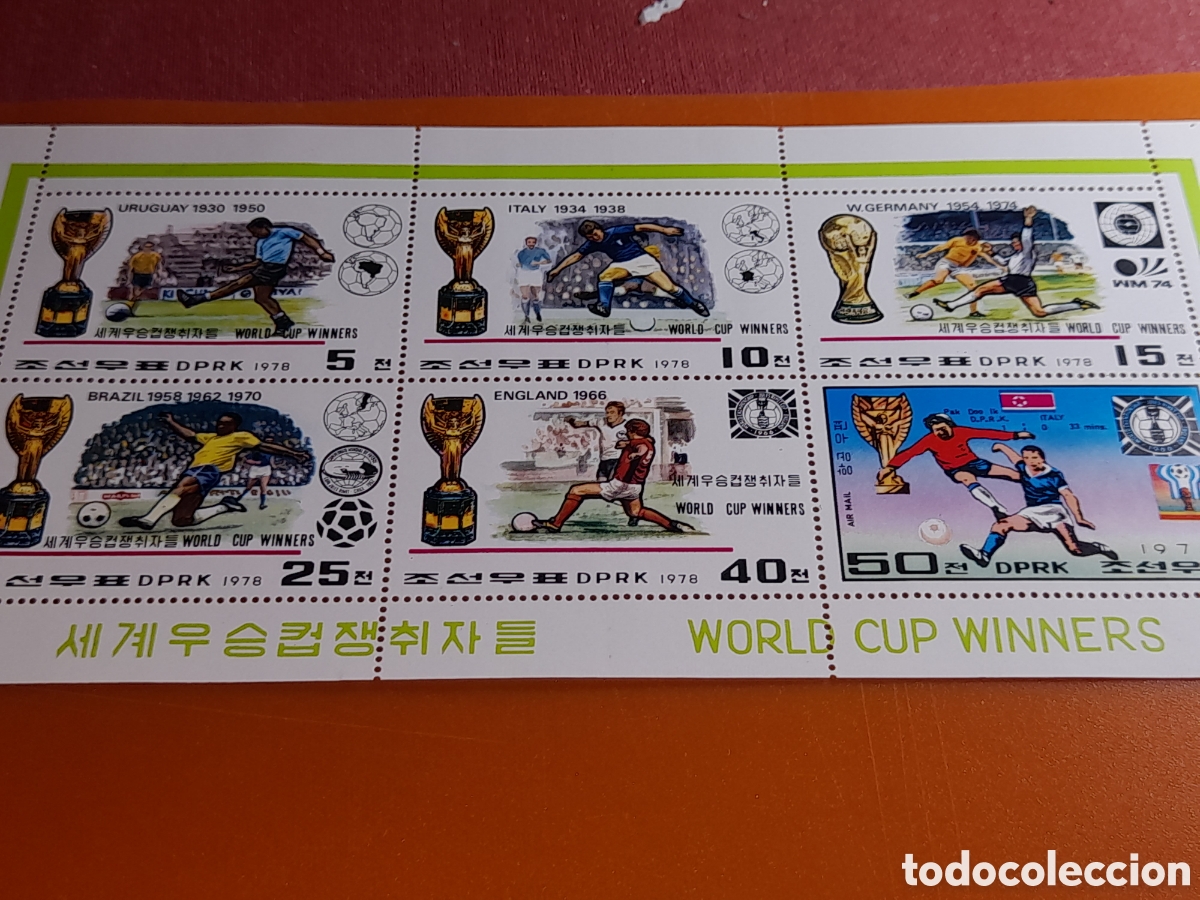 Sellos: HB Corea Norte nuevo 1978. Historia Copa mundo futbol. Campeones. Selecci&oacute;n. Bandera. Deporte. Juego