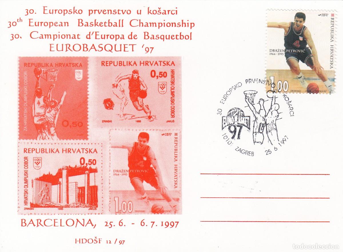 Sellos: TEM&Aacute;TICA BALONCESTO -MATASELLOS DE CROACIA - 1997 - EUROPEO DE BARCELONA