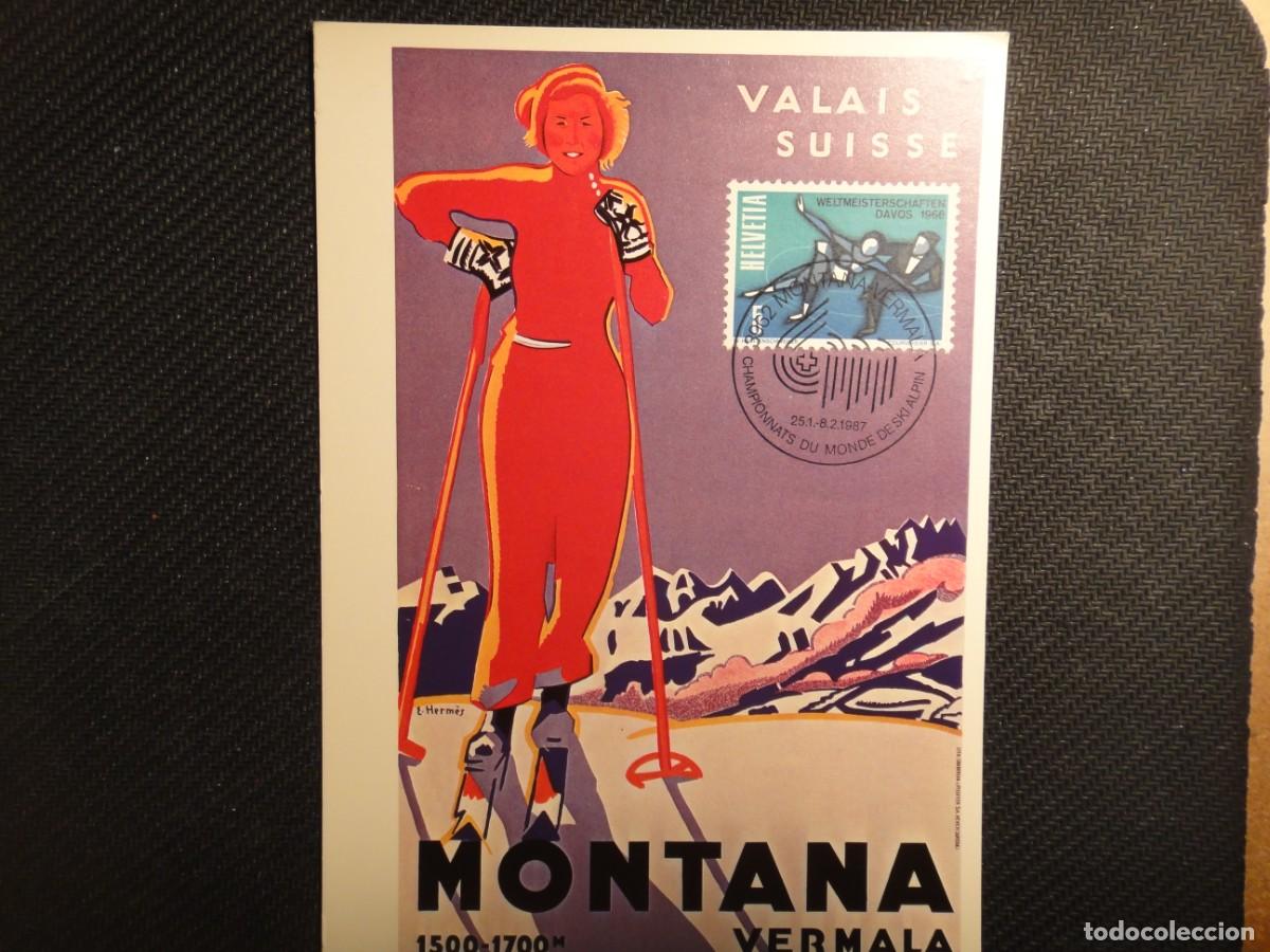 Sellos: Suiza, tarjeta m&aacute;xima, tema, (Anuncia los juegos.) deportes de Invierno, a&ntilde;o 1987 . Rf 8920