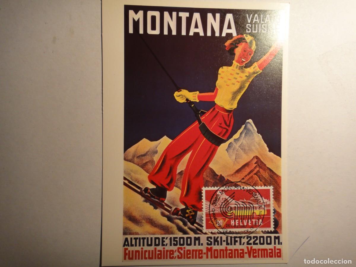 Sellos: Suiza, tarjeta m&aacute;xima, tema, (Anuncia el deporte.) deportes de Invierno, a&ntilde;o 1987 . Rf 8820