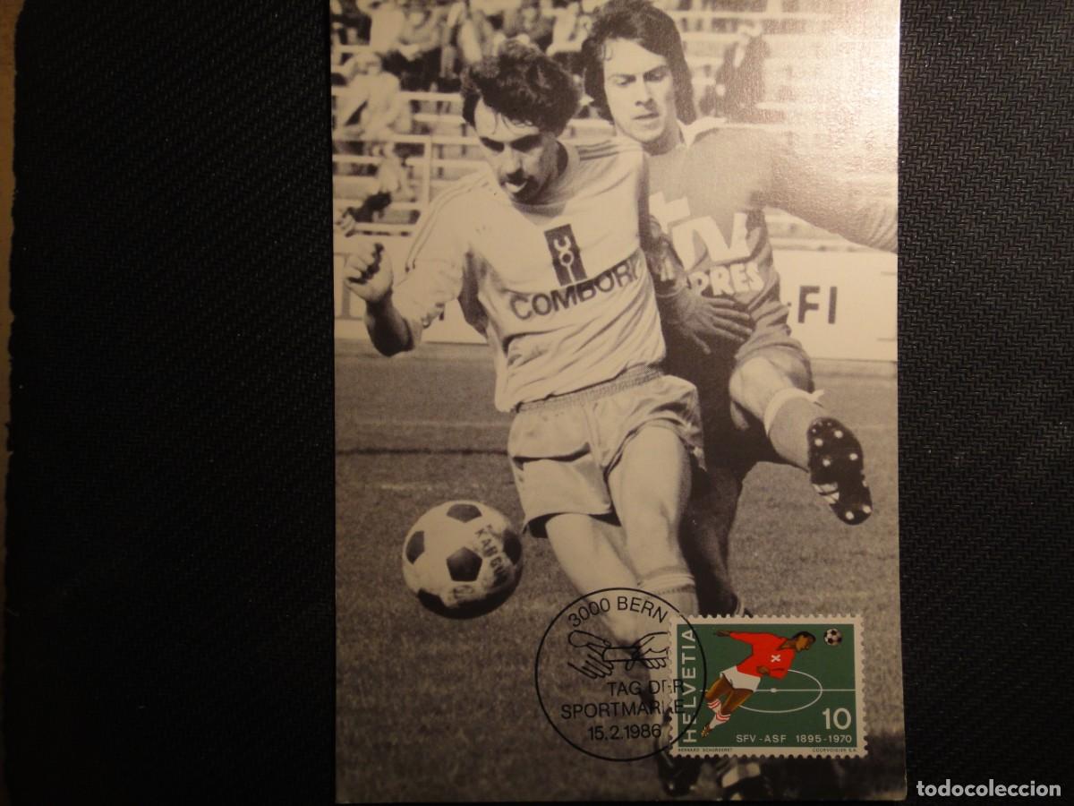 Sellos: Suiza, tarjeta m&aacute;xima, tema, deportes, Futbol.- a&ntilde;o 1986 . Rf 8826