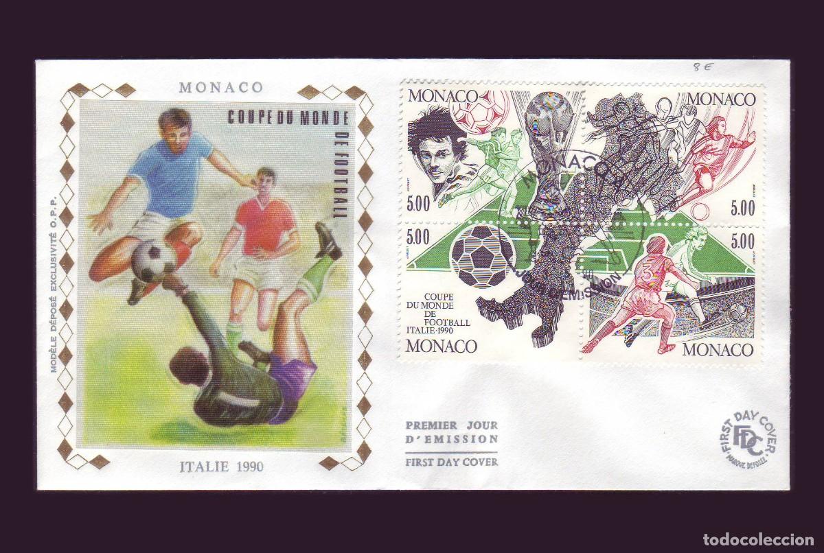 Sellos: FDC M&oacute;naco, 1990 | Copa Mundial F&uacute;tbol Italia &acute;90 | Yv: B50, Mi: B48, SG: MS1986