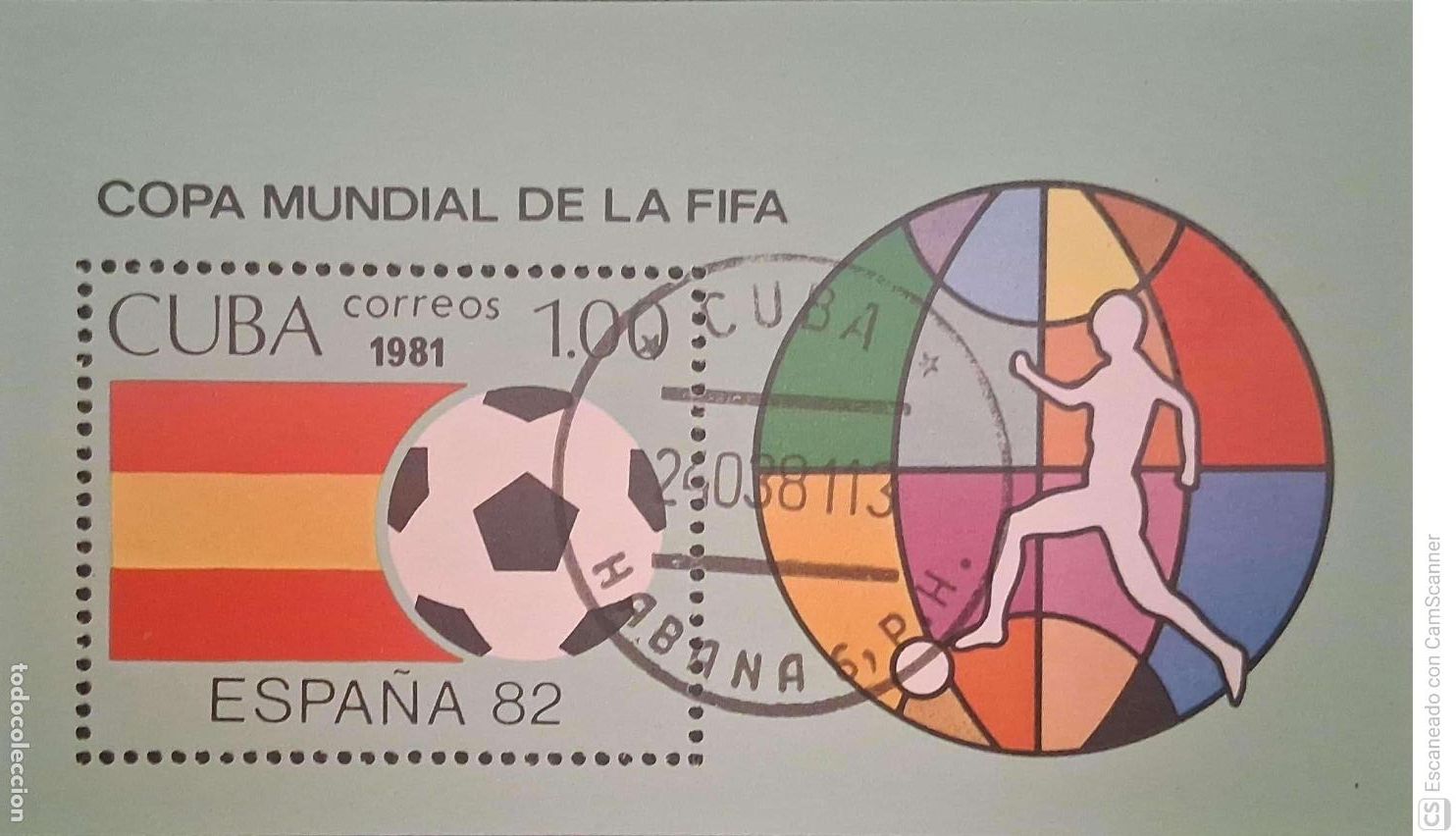 Sellos: Cuba. HB 65 Copa Mundial de F&uacute;tbol Espa&ntilde;a'82: Logo. 1981. Sellos usados y numeraci&oacute;n Yvert.
