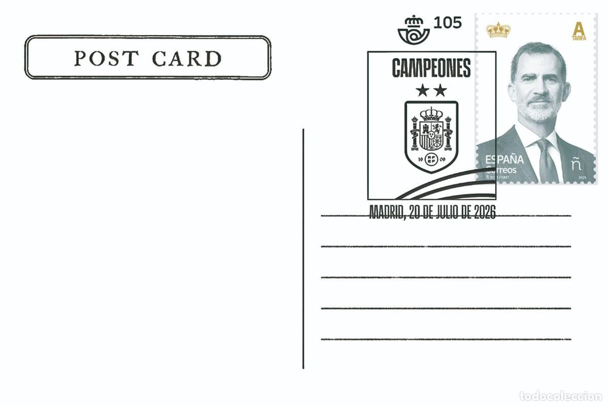 Sellos: Espa&ntilde;a Spain 2026 - Campeones del mundo de futbol 2026 - Tarjeta postal con matasellos conmemorativo