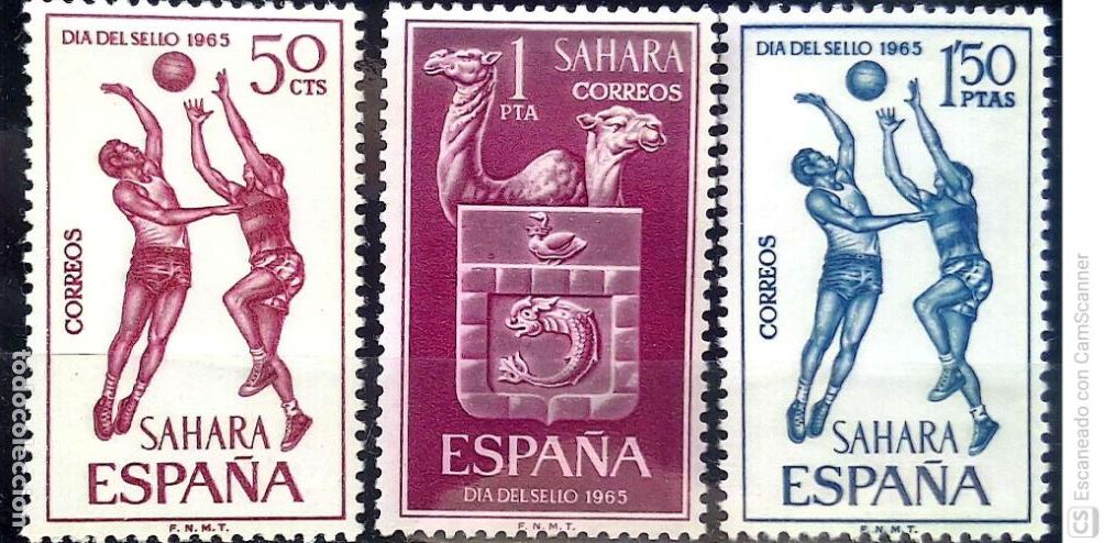 Sellos: Sahara. 246/48 D&iacute;a del Sello: Baloncesto y Escudo del Sahara. 1965. Sellos nuevos y numeraci&oacute;n Edifi