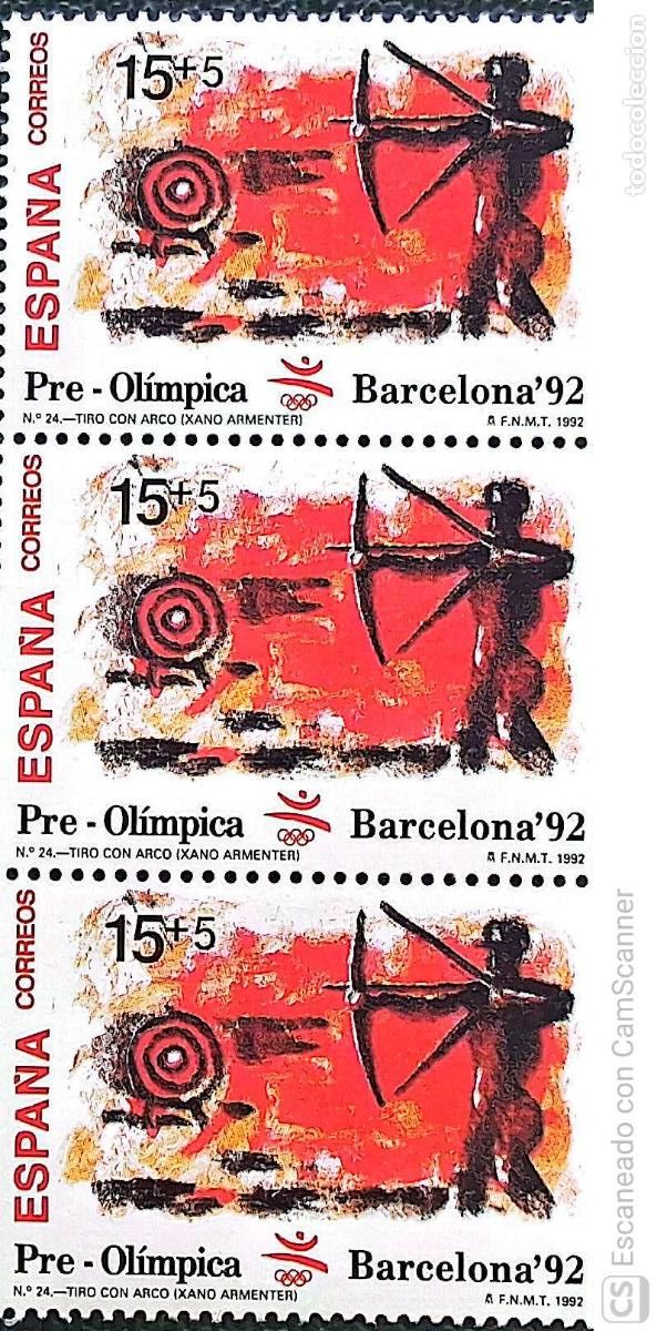 Sellos: Espa&ntilde;a. 3157 Barcelona'92: Tiro con arco, en tira vertical de 3 sellos. 1992 Sellos nuevos y numerac