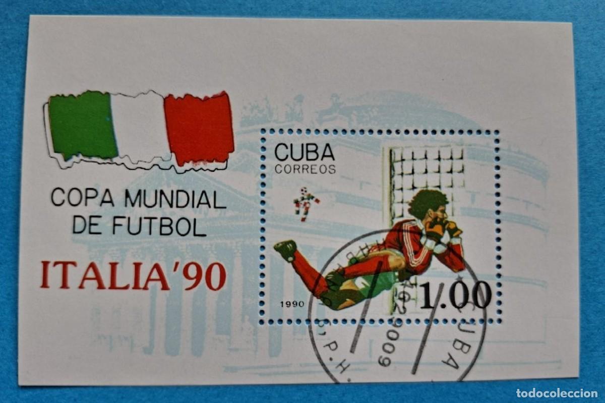 Sellos: Hoja Bloque ITALIA 1990 (MI CU BL117) Copa Mundial de F&uacute;tbol ITALIA'90 con matasello