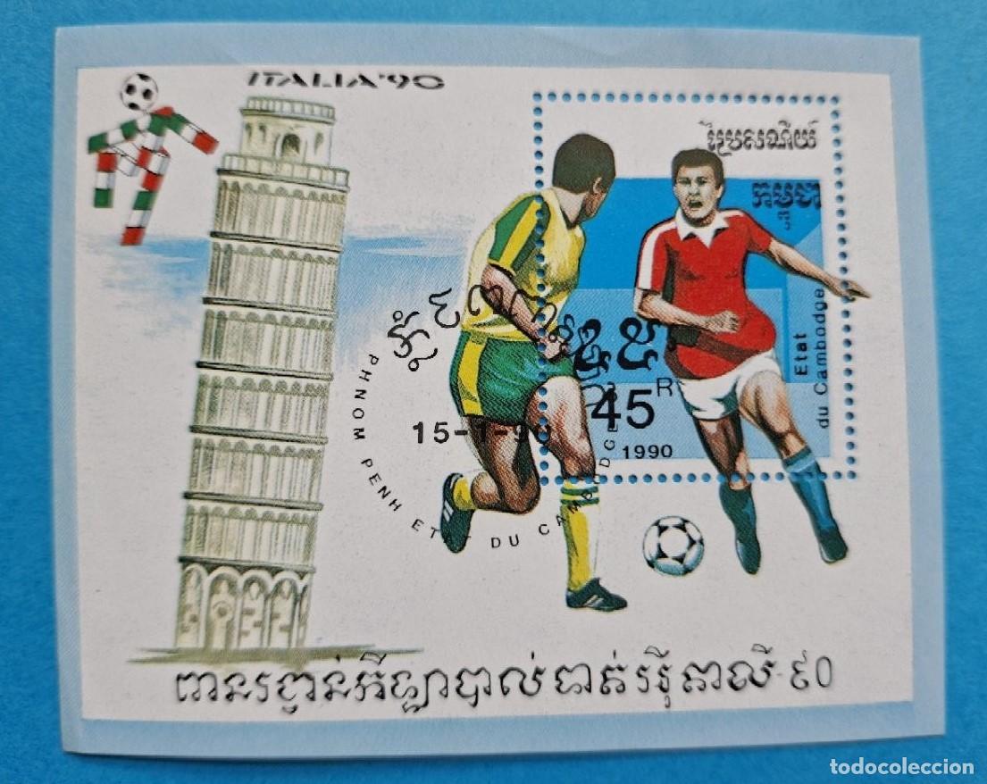 Sellos: Hoja Bloque CAMBOYA 1990 (MI KH BL171) Copa Mundial de F&uacute;tbol ITALIA'90 con matasello
