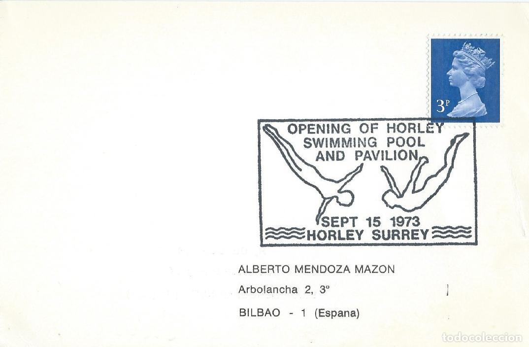 Sellos: 1973. GRAN BRETA&Ntilde;A. MATASELLOS/POSTMARK. INAUGURACI&Oacute;N PISCINA Y PABELL&Oacute;N DEPORTIVO. DEPORTES/SPORTS.