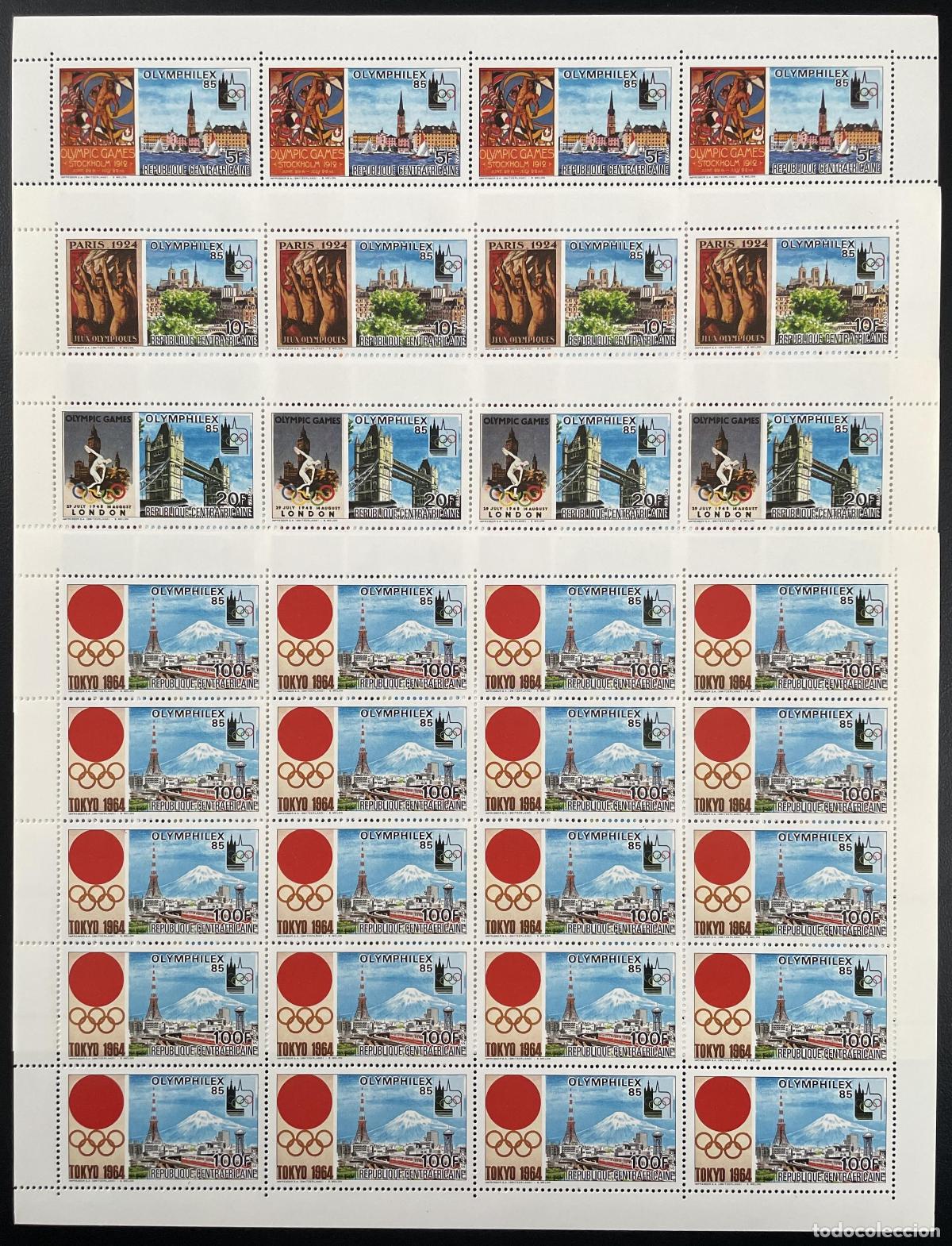 Sellos: Centroafricano 1985 YT 658-661 tabl&oacute;n OLYMPHILEX Juegos Ol&iacute;mpicos de Tokio Londres Par&iacute;s