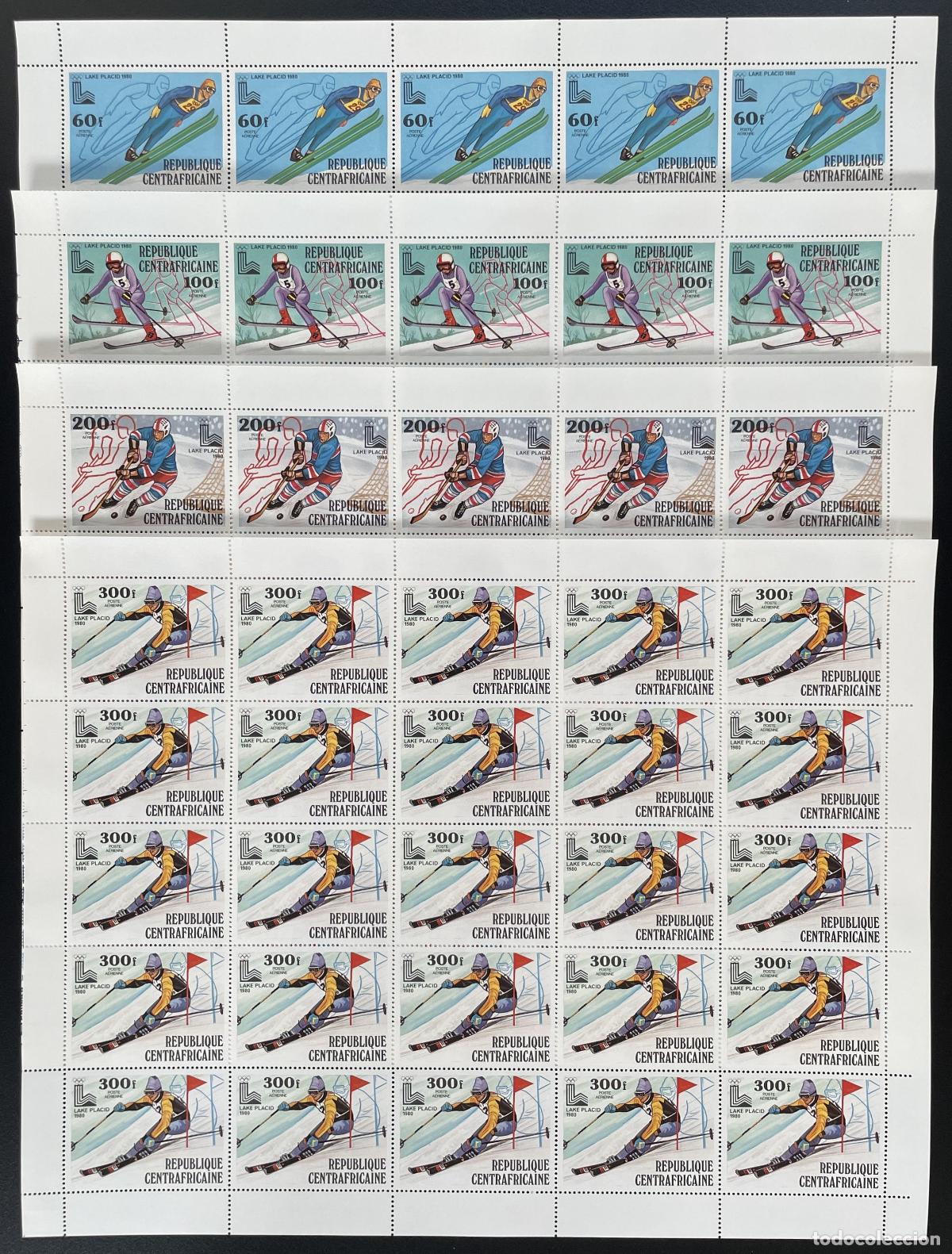 Sellos: Rep&uacute;blica Centroafricana 1979 YT PA 208-211 tabl&oacute;n Juegos Ol&iacute;mpicos de esqu&iacute; invierno Lake Placid