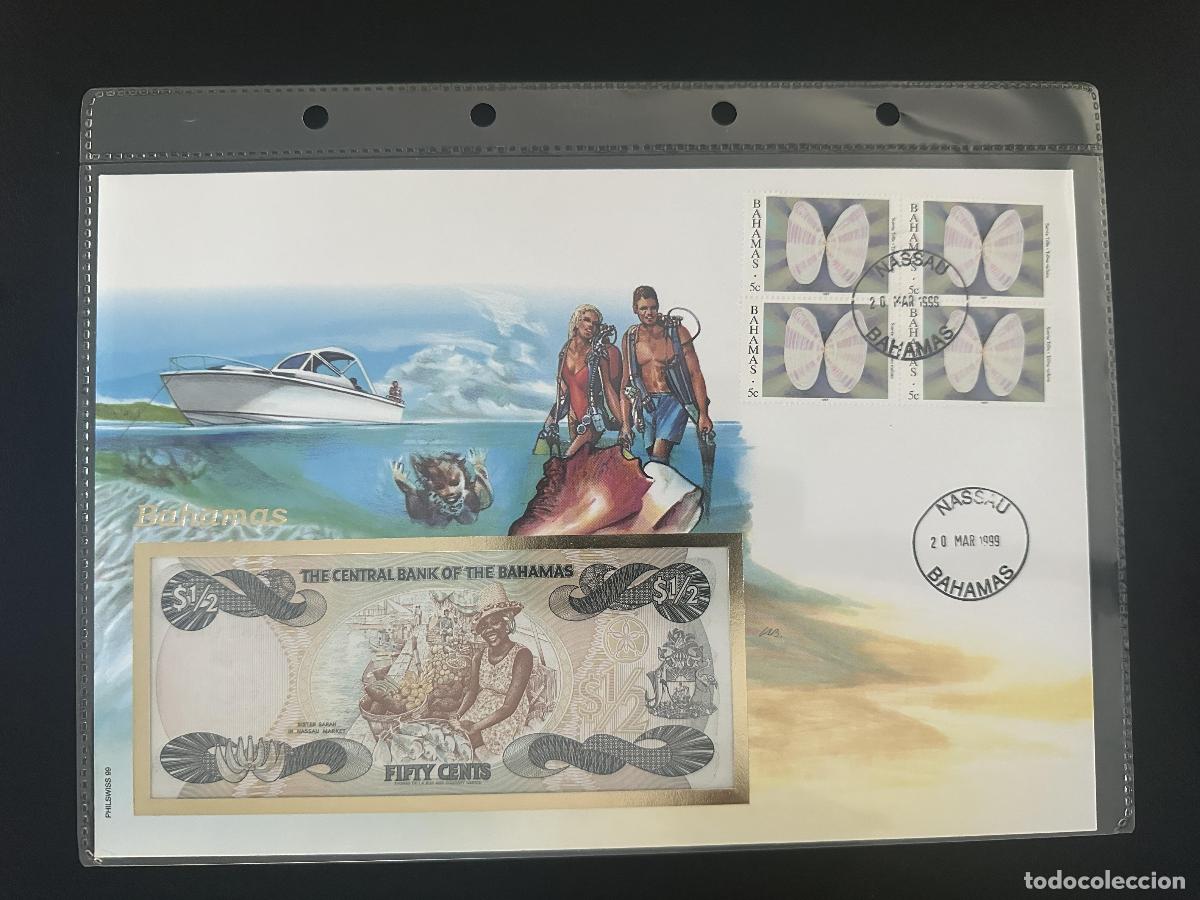 Sellos: Bahamas FDC sobre numism&aacute;tico billete 50 centavos bloque 4 Nassau 1999