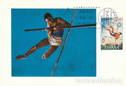 Sellos: EDIFIL 2101, SALTO CON PERTIGA, OLIMPIADA DE MUNICH, TARJETA MAXIMA DE PRIMER D&Iacute;A DE 26-8-1972