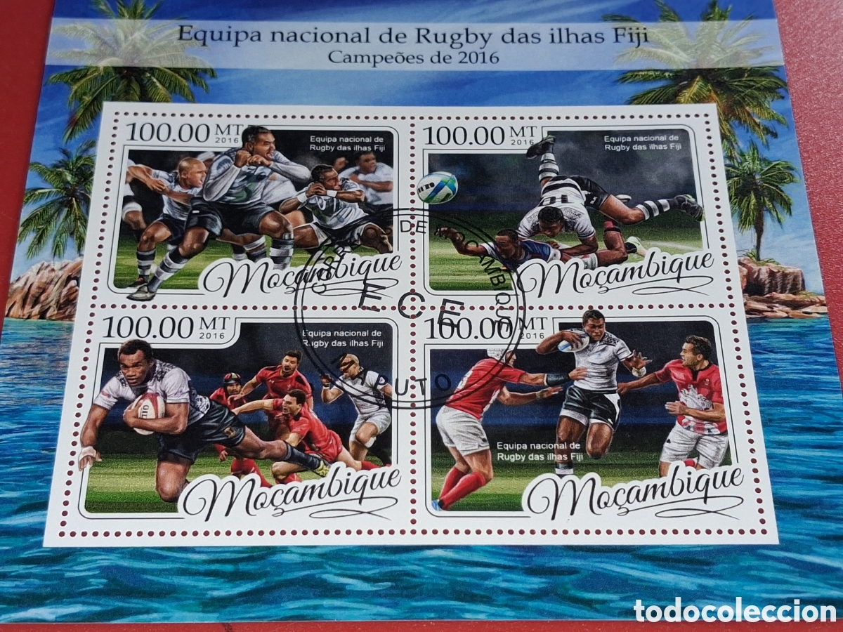 Sellos: HB Mozambique mtdo 2016. Equipo nacional Fiji Rugby. F&uacute;tbol americano. Deporte. Atletas. Competici&oacute;n