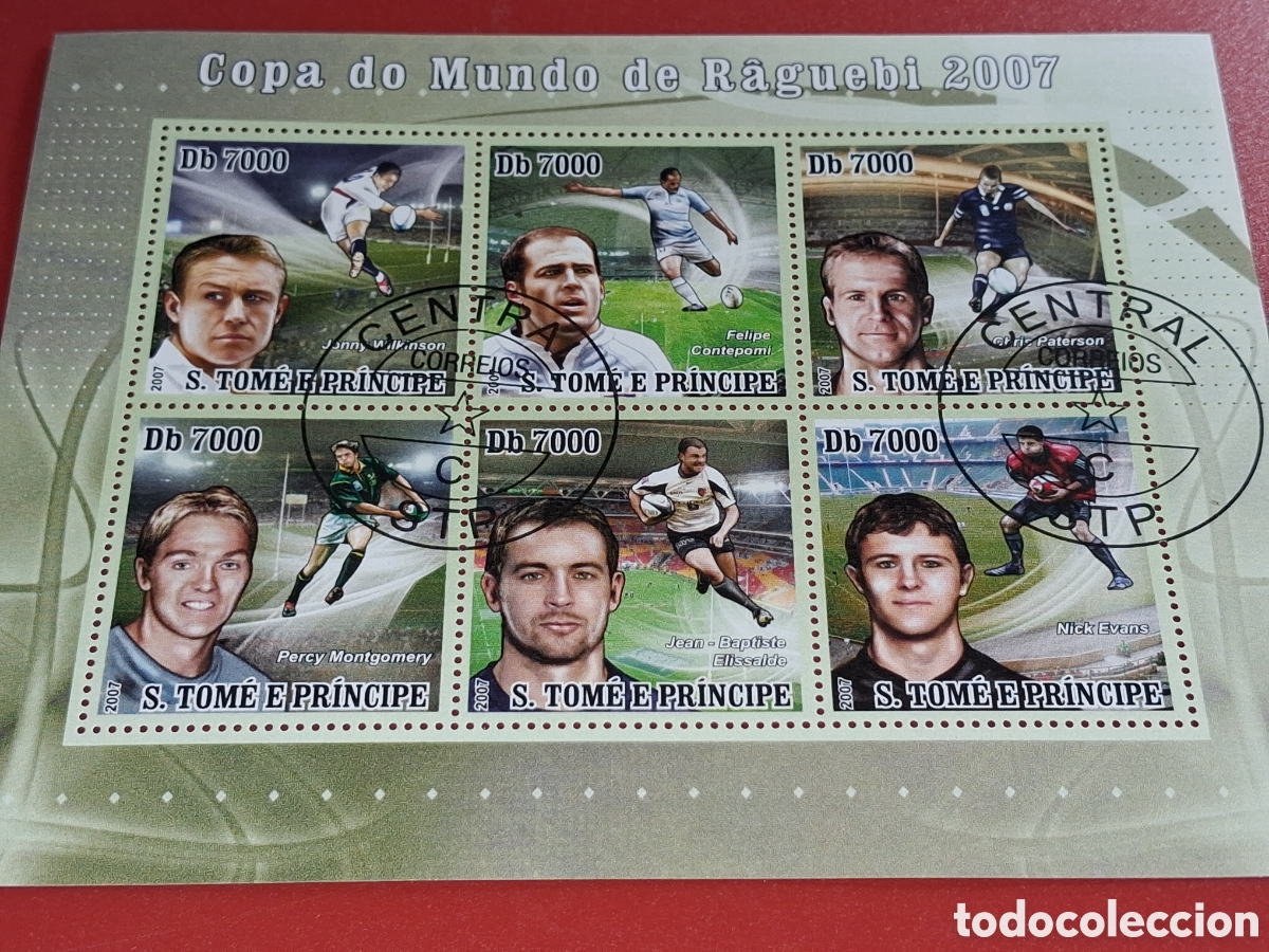 Sellos: HB Tome Pr&iacute;ncipe mtdo 2008. Copa mundial Rugby. F&uacute;tbol americano. Deporte. Atletas.