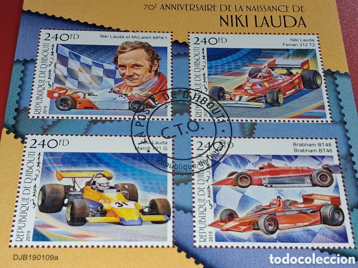 Sellos: HB Djibouti mtdo 2019. Coches carreras. Ferrari. F&oacute;rmula I. Deporte. Veh&iacute;culos. Miki Lauda. Piloto.