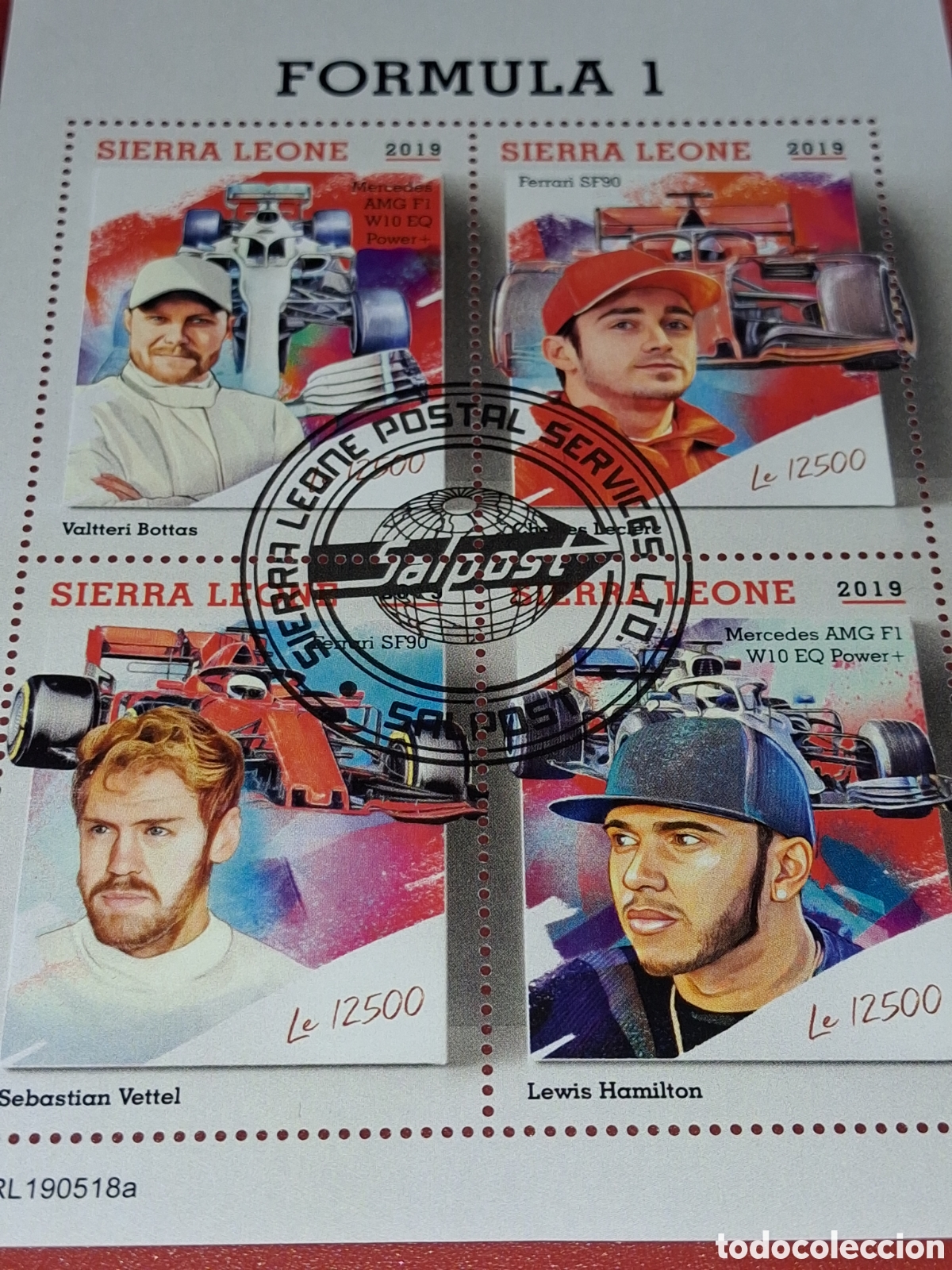 Sellos: HB Sierra Leona mtdo 2019. Coches carreras. Ferrari. F&oacute;rmula I. Deporte. Hamilton. Bottas. Vettel