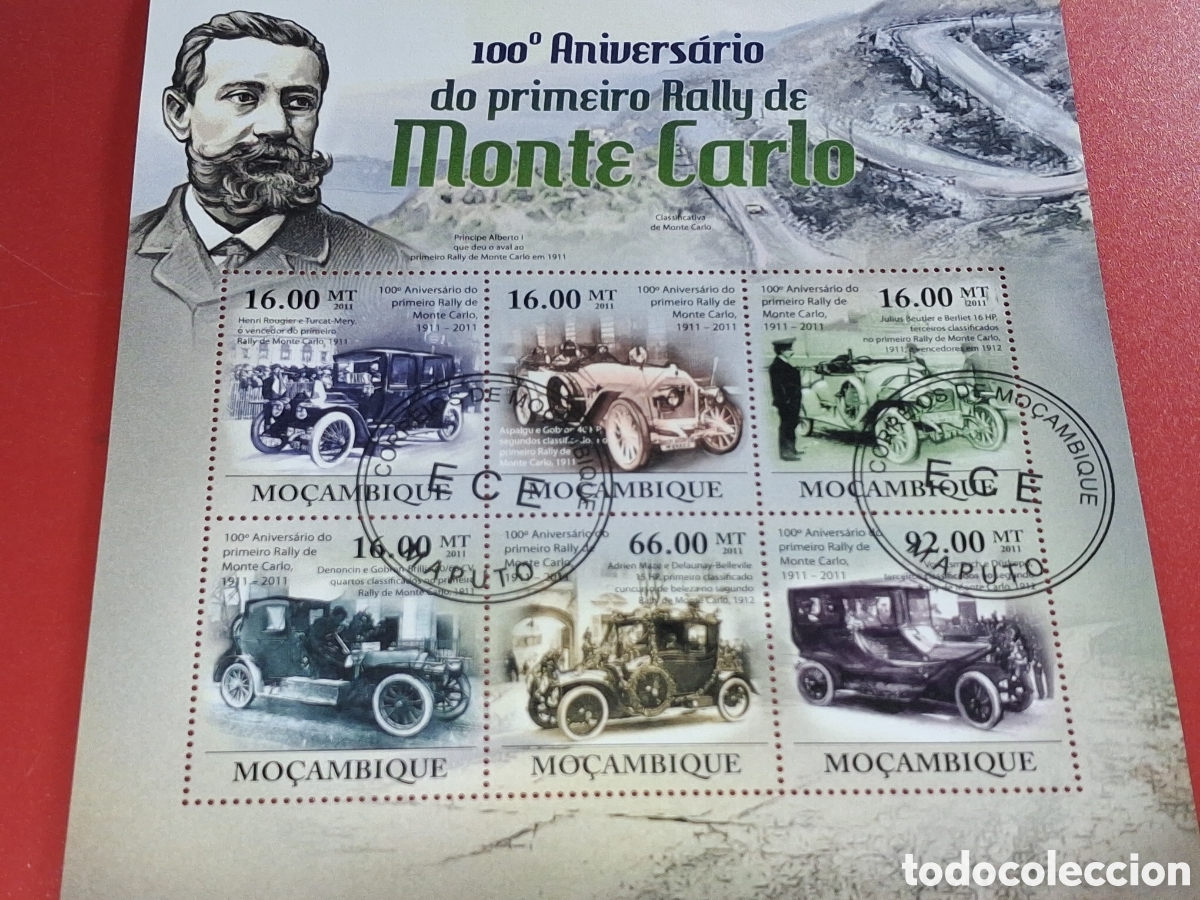Sellos: HB Mozambique mtdo 2011. 100Aniv primer rally Monte Carlo. Coches cl&aacute;sicos. Veh&iacute;culos. Epoca