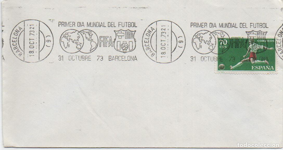Sellos: A&Ntilde;O 1973, BARCELONA, PRIMER DIA DEL MUNDIAL DE FUTBOL FIFA, escudo del Barsa, RODILLO, sello futbol