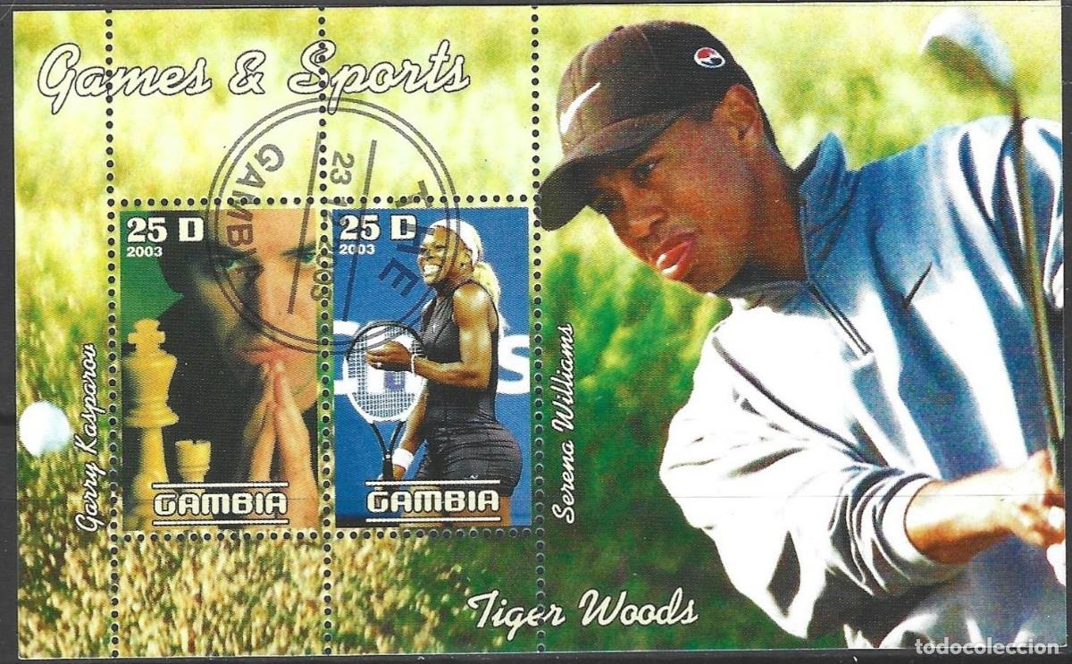 Sellos: GAMBIA - 2003 - BLOQUE DEPORTES GOLF - CAMPEON TIGER WOODS - ESTAMPADO