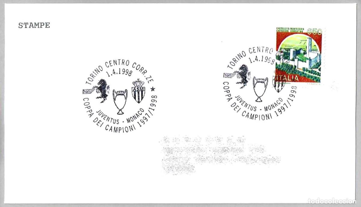 Sellos: Matasellos DEPORTES - FUTBOL - COPA DE CAMPEONES - JUVENTUS-MONACO. Torino, Italia, 1998
