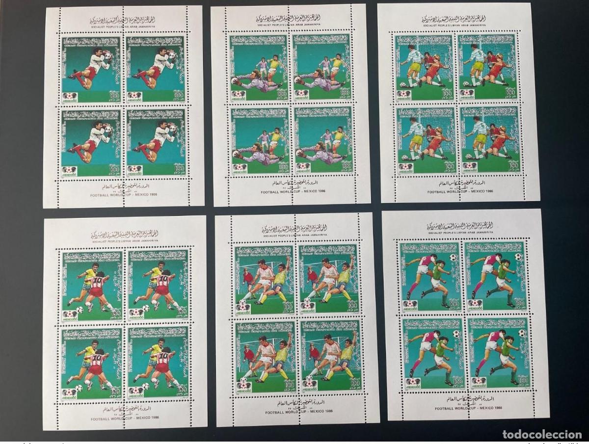 Sellos: Libia 1985 Mi. 1618 - 1623 Klb. hoja de f&uacute;tbol Copa Mundial la FIFA 1986 M&eacute;xico