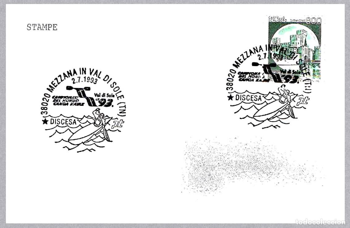 Sellos: Matasellos DEPORTES - REMO - CAMP. MUNDO CANOA KAYAK - DESCENSO. Mezzana Val di Sole, Italia, 1993