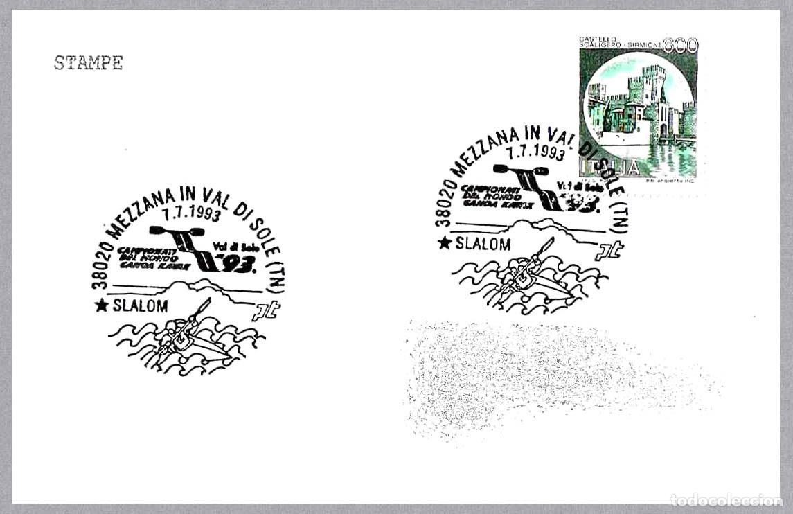 Sellos: Matasellos DEPORTES - REMO - CAMP. MUNDO CANOA KAYAK - SLALOM. Mezzana Val di Sole, Italia, 1993