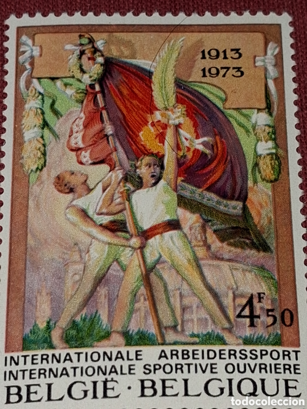 Sellos: Sello B&eacute;lgica nuevo 1973. 60Aniv creacionistas deporte nacional. Folclore. Bandera. Disfraz. Festiva