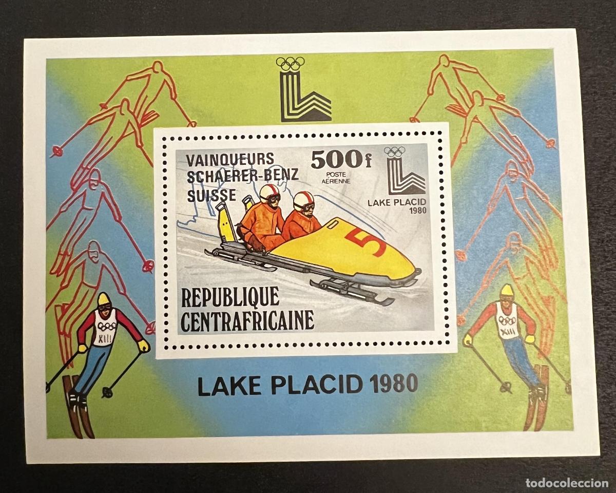 Sellos: Centro&aacute;frica 1980 Mi. Bl. 80 JO invierno Lake Placid bobsleigh esqu&iacute;