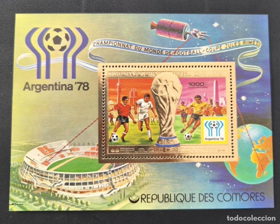Sellos: Comoras 1978 Mi. Bl. 124 F&uacute;tbol Copa Mundo Argentina 78 Oro Gold