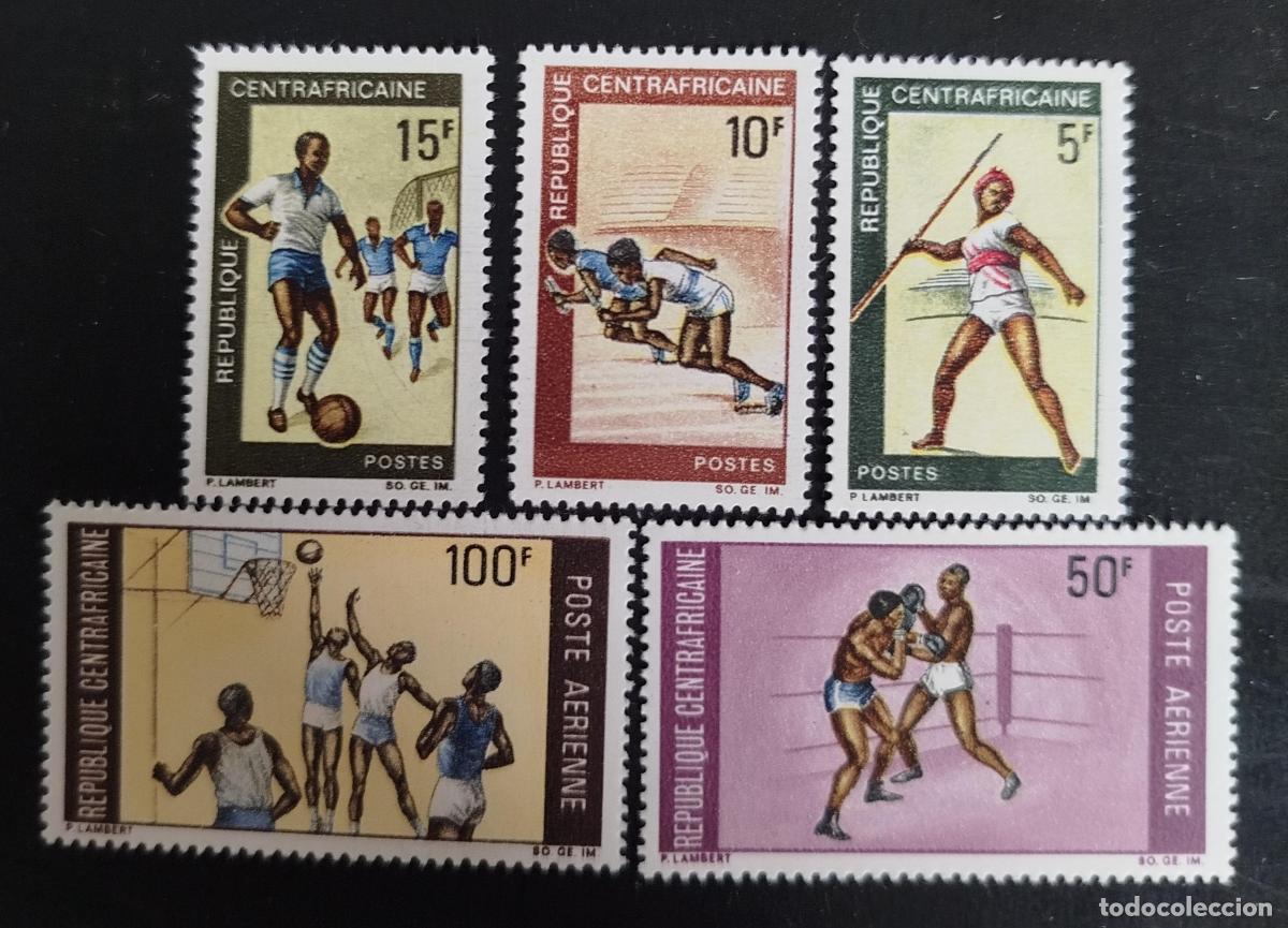 Sellos: Centro&aacute;frica 1969 Mi. 188-192 f&uacute;tbol lucha jabalina baloncesto boxeo