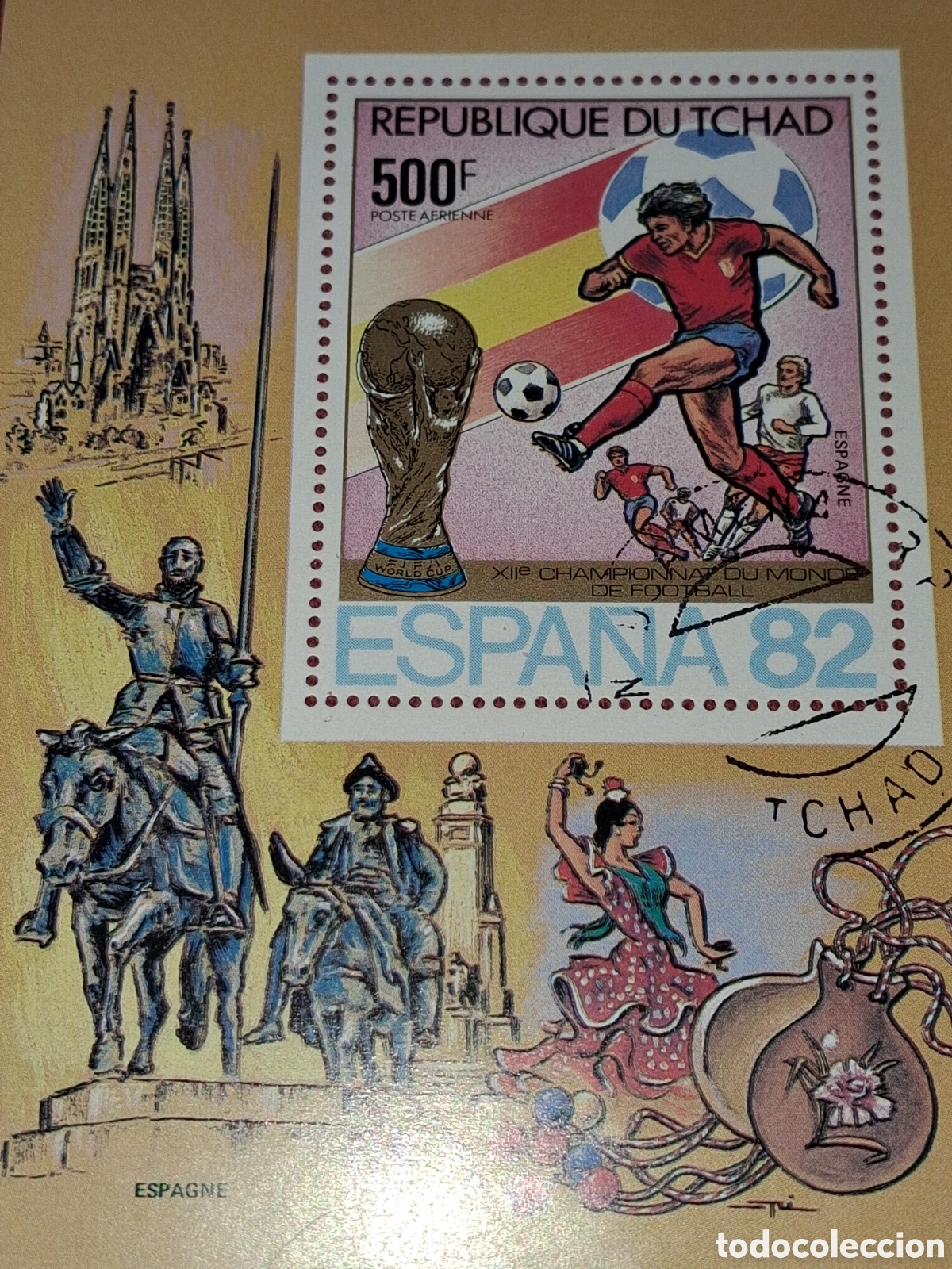Sellos: HB Chad mtdo 1982. F&uacute;tbol. Copa mundial Espa&ntilde;a. Deporte. Quijote. Sancho. Caballo. Folclore. Bandera