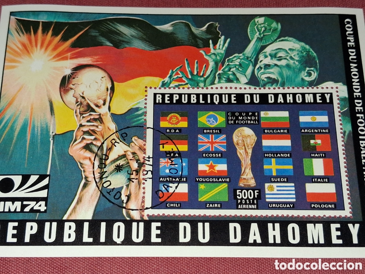 Sellos: HB Dahomey mtdo 1974. Campeonato mundial f&uacute;tbol. Alemania,74. Deporte. Banderas. Copa.
