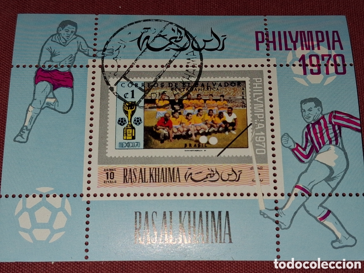 Sellos: HB Ras al Khaimah mtdo 1970. Exp Filt Inter. Londres. Histpria postal. F&uacute;tbol. Deporte. Juego.