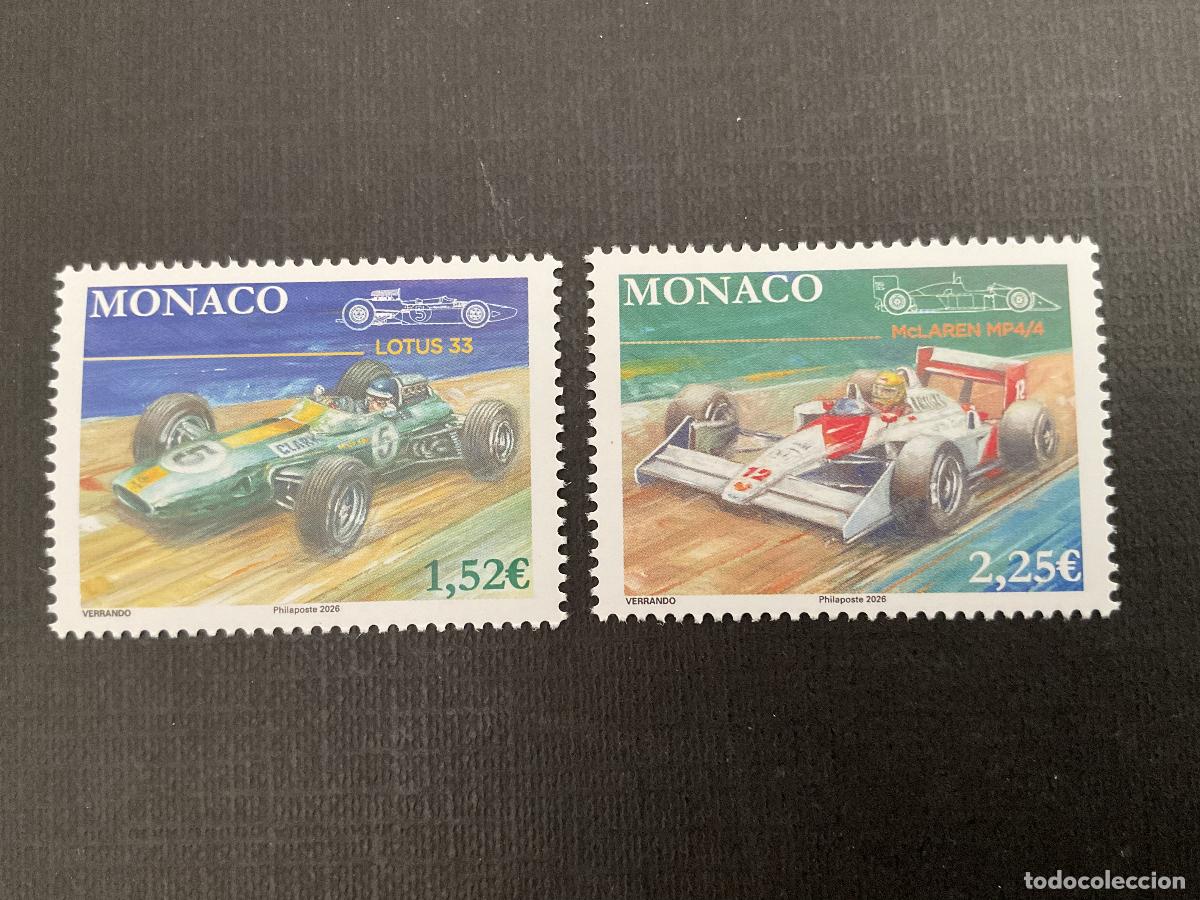 Sellos: MONACO A&Ntilde;O 2026. AUTOMOVILES MITICOS DE F-1. LOTUS 33 Y MCLAREN MP 4/4