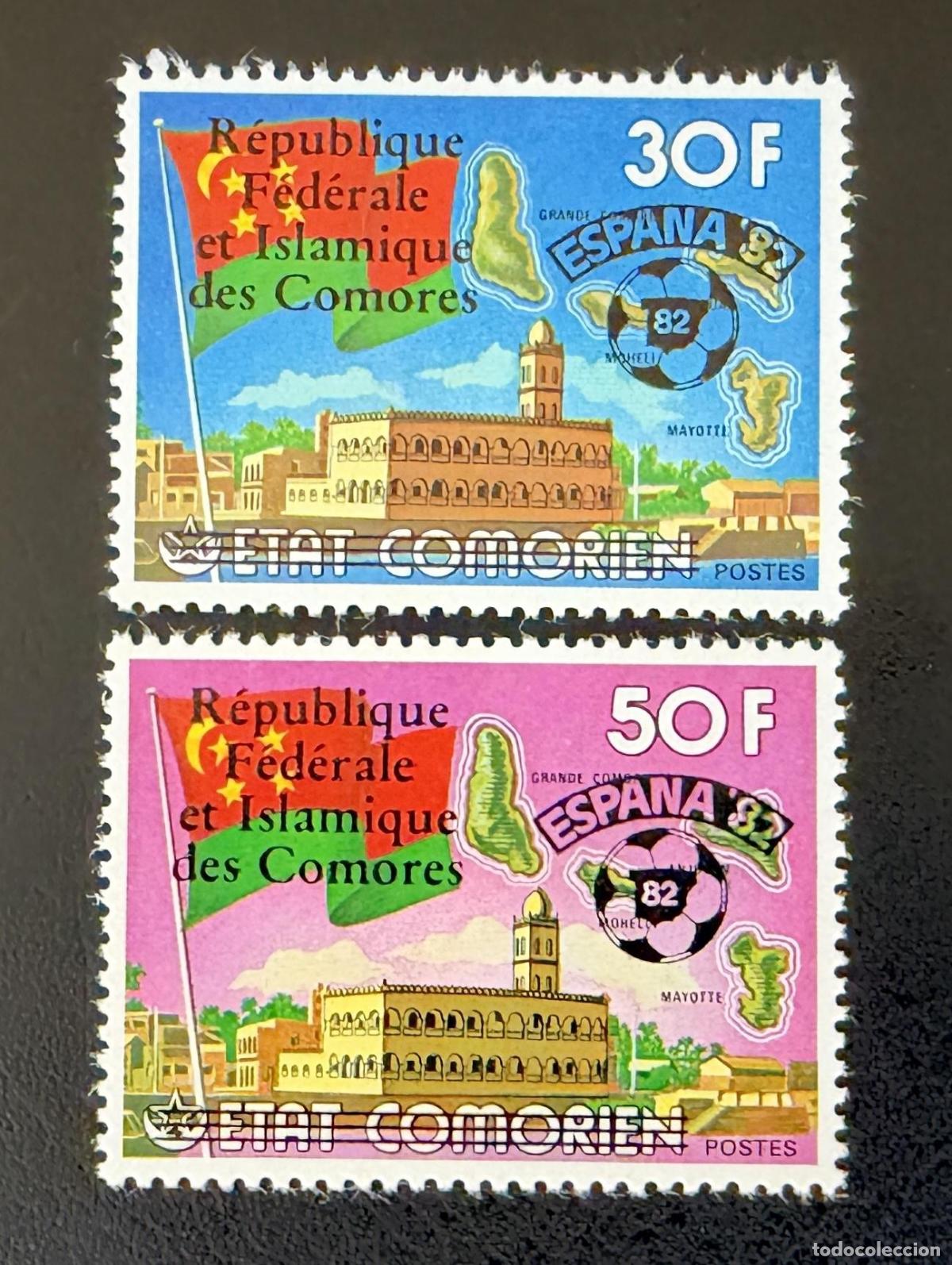 Sellos: Comoras 1978 Mi. 458-459 sobrecargado Espa&ntilde;a 82 f&uacute;tbol copa del mundo
