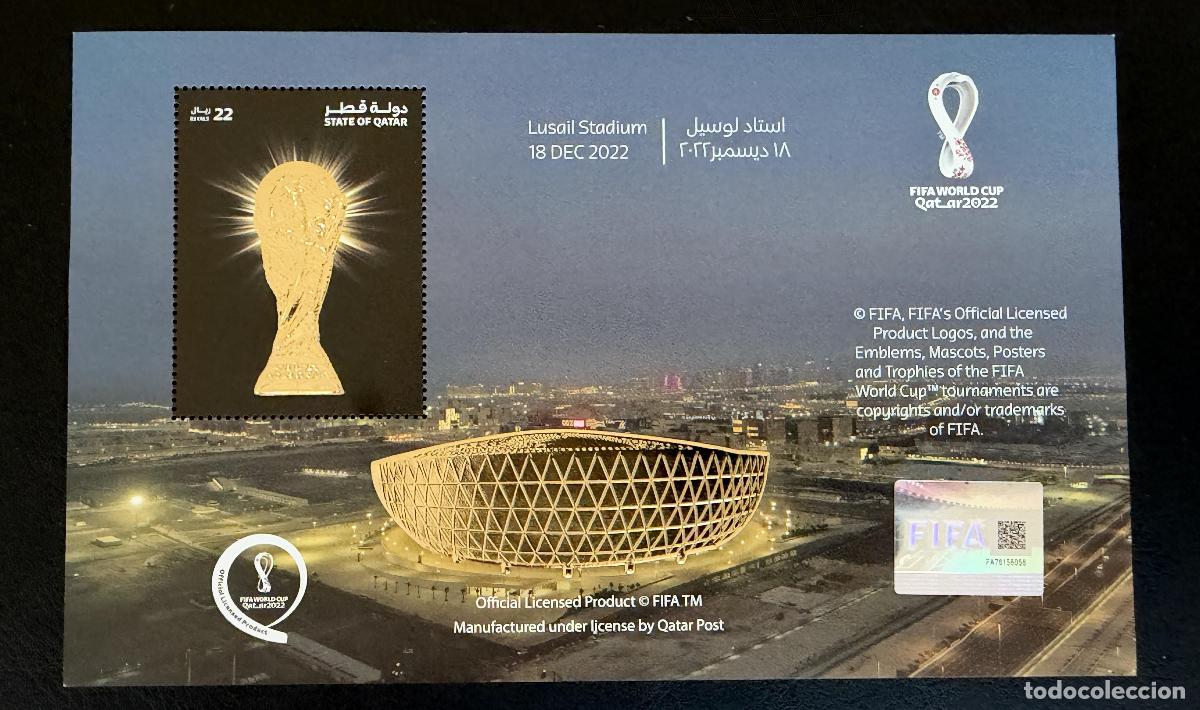 Sellos: Qatar 2022 Hoja Bloque FIFA Copa Mundial f&uacute;tbol trofeo Lusail