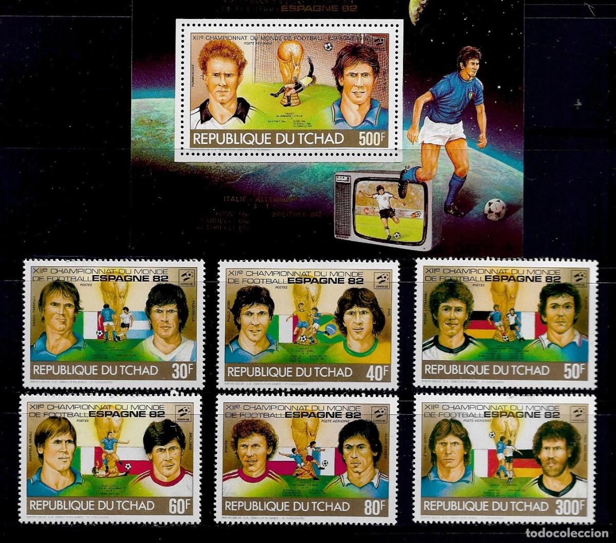 Sellos: TCHAD 1982, Ivert 399 E/H + HOJA BLOQUE Ivert 35-B - CAMPEONATO MUNDIAL DE F&Uacute;TBOL- ESPA&Ntilde;A 82. MNH.